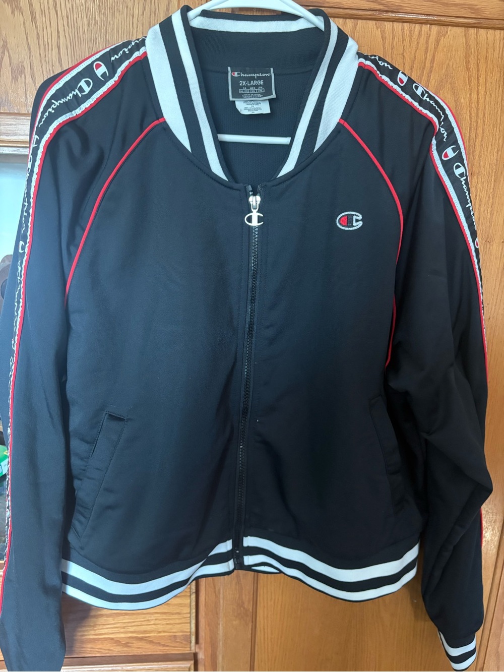 Champion Black Zip Varsity Jacket with Red Trim Size 2XL